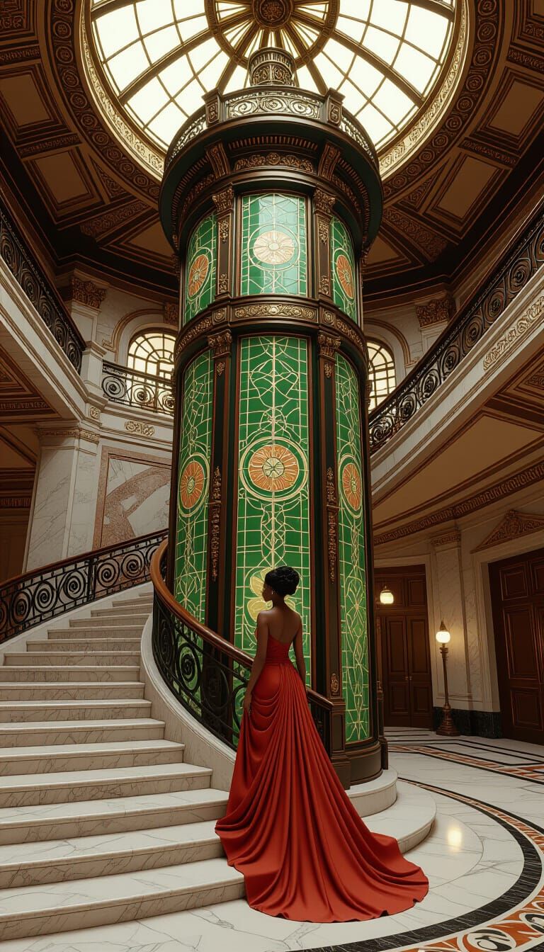 Art Nouveau Elevator with Woman in Vienna Foyer