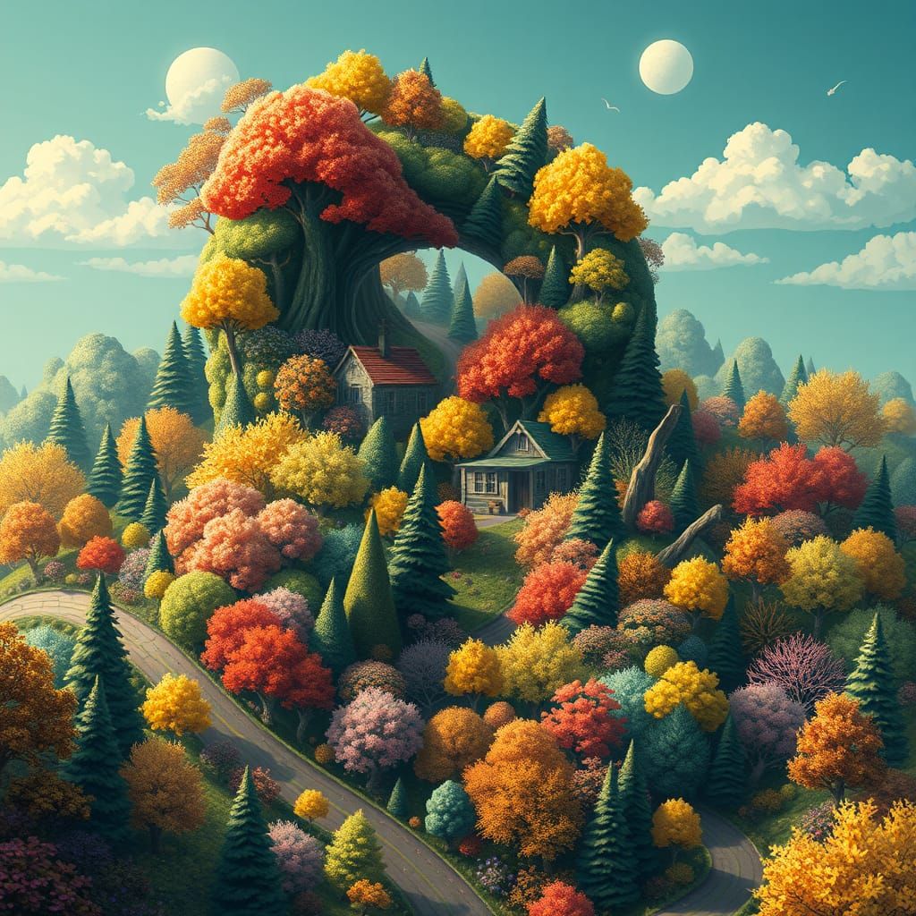 Dreamlike Forest Landscape in Vibrant Seasonal Colors