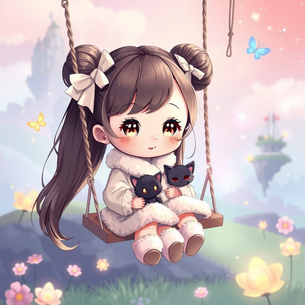 Cute Girl on Swing in Surreal Fantasy World
