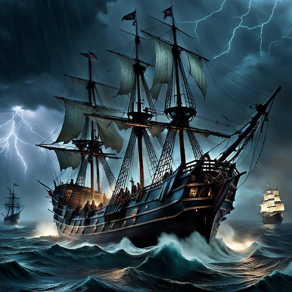 Undead Pirates in a Stormy Night Seascape