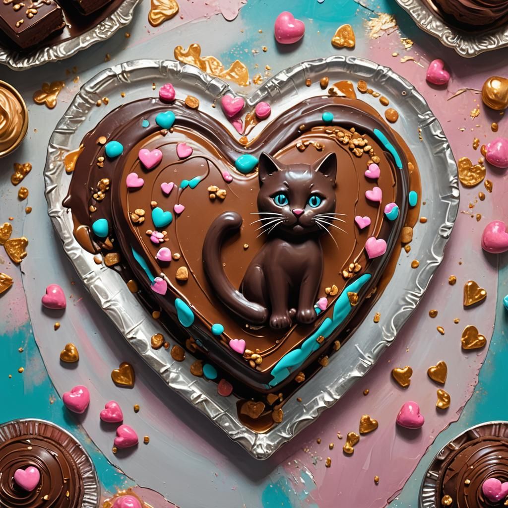 Whimsical Chocolate Cat Cake Dessert, Matte Painting