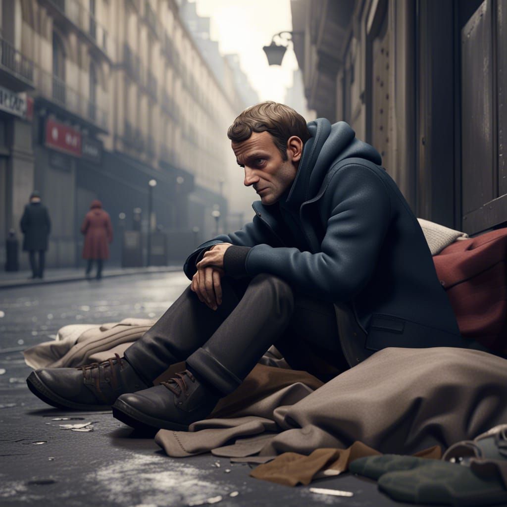 Emmanuel Macron as a homeless sleeps in the streets of Paris