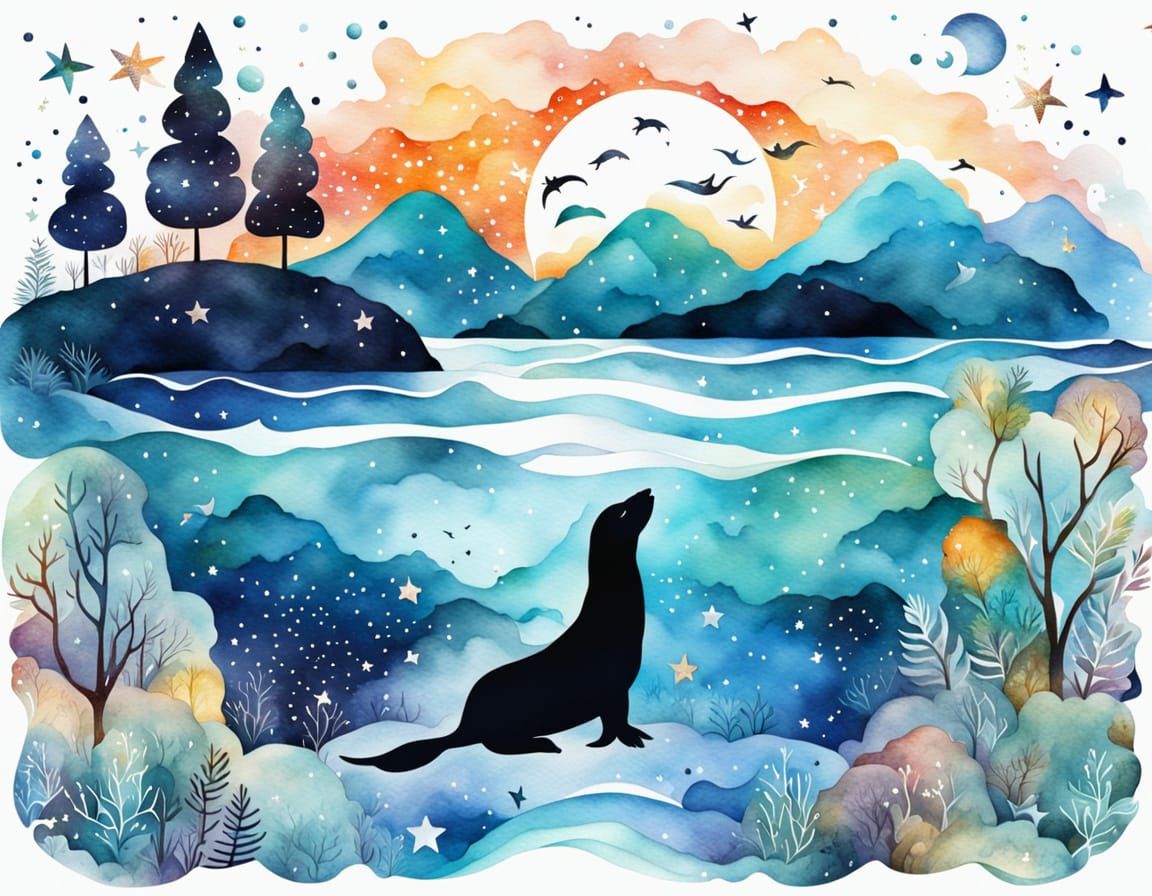 Surreal Sea Lion Landscape in Watercolor Patchwork