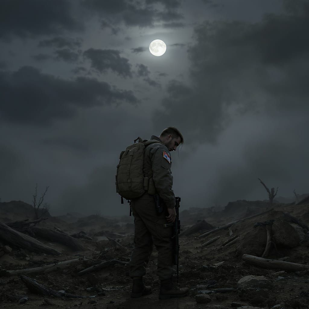 Soldier Ponders War on Moonlit Battlefield