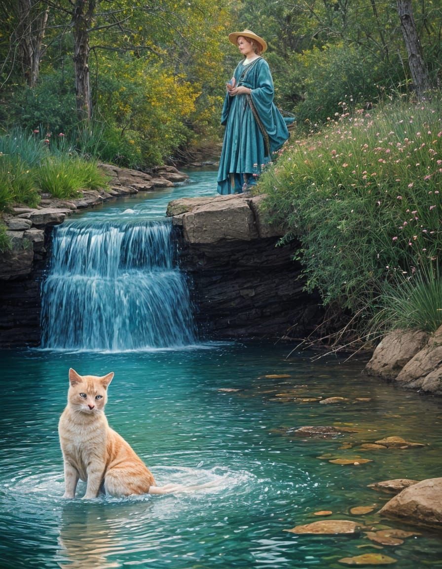 Surreal Cat Observes Vibrant Fish in a Dreamlike Moonscape