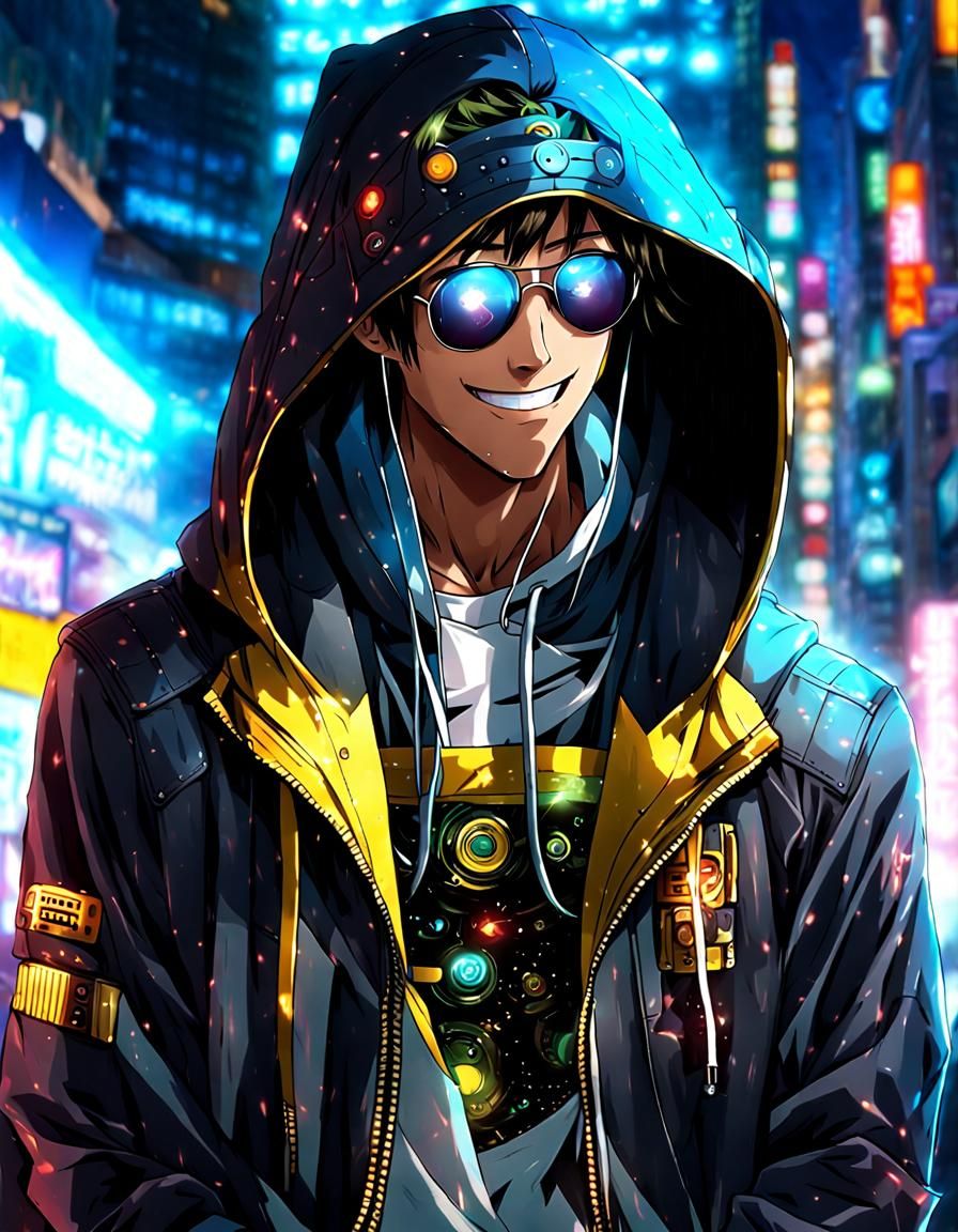 Smiling Cyberpunk Man in Anime Style