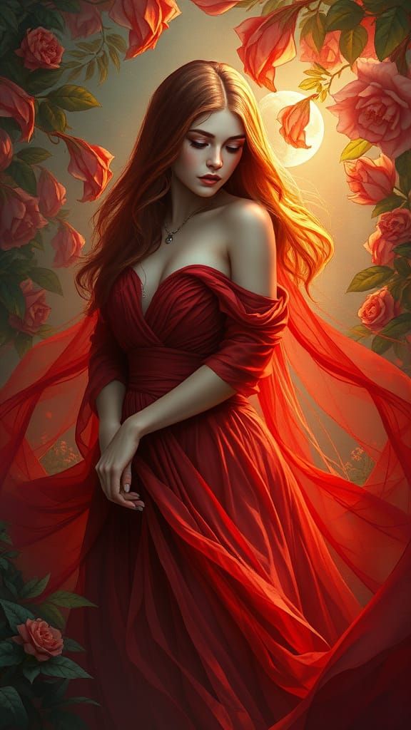 Ethereal Maiden in Crimson Gown Amidst Whimsical Bloom
