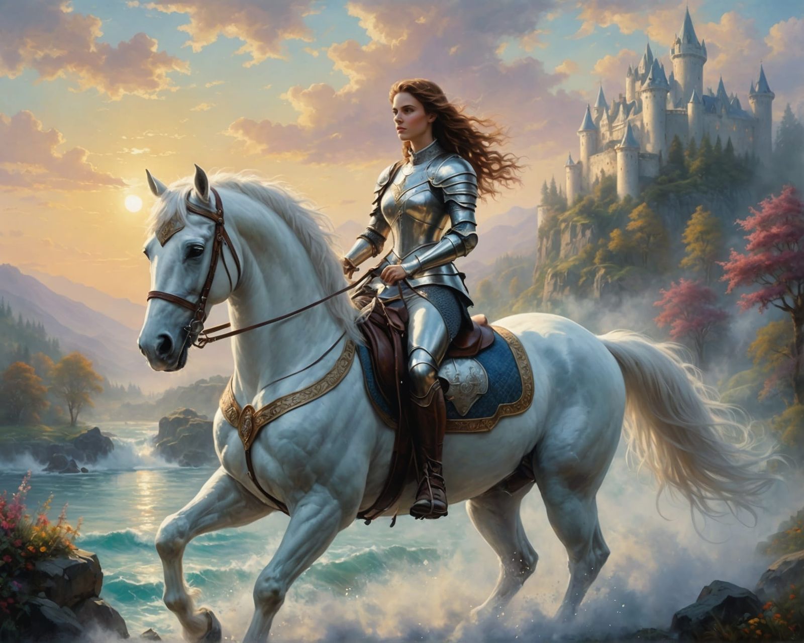 Knight and Lady on White Stallion: Oil Painting