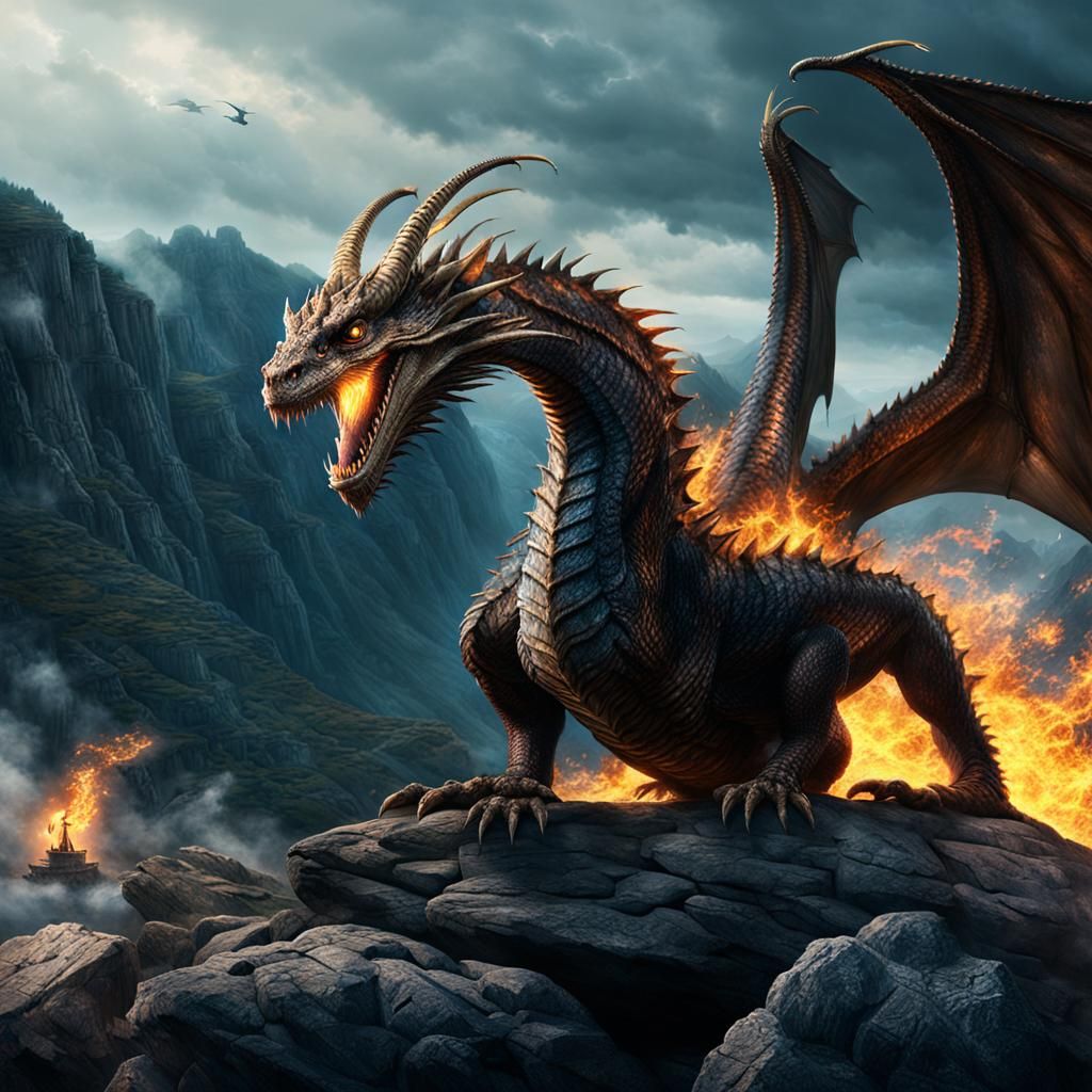 Hungarian Horntail Dragon Breathing Fire: Digital Matte Pain...