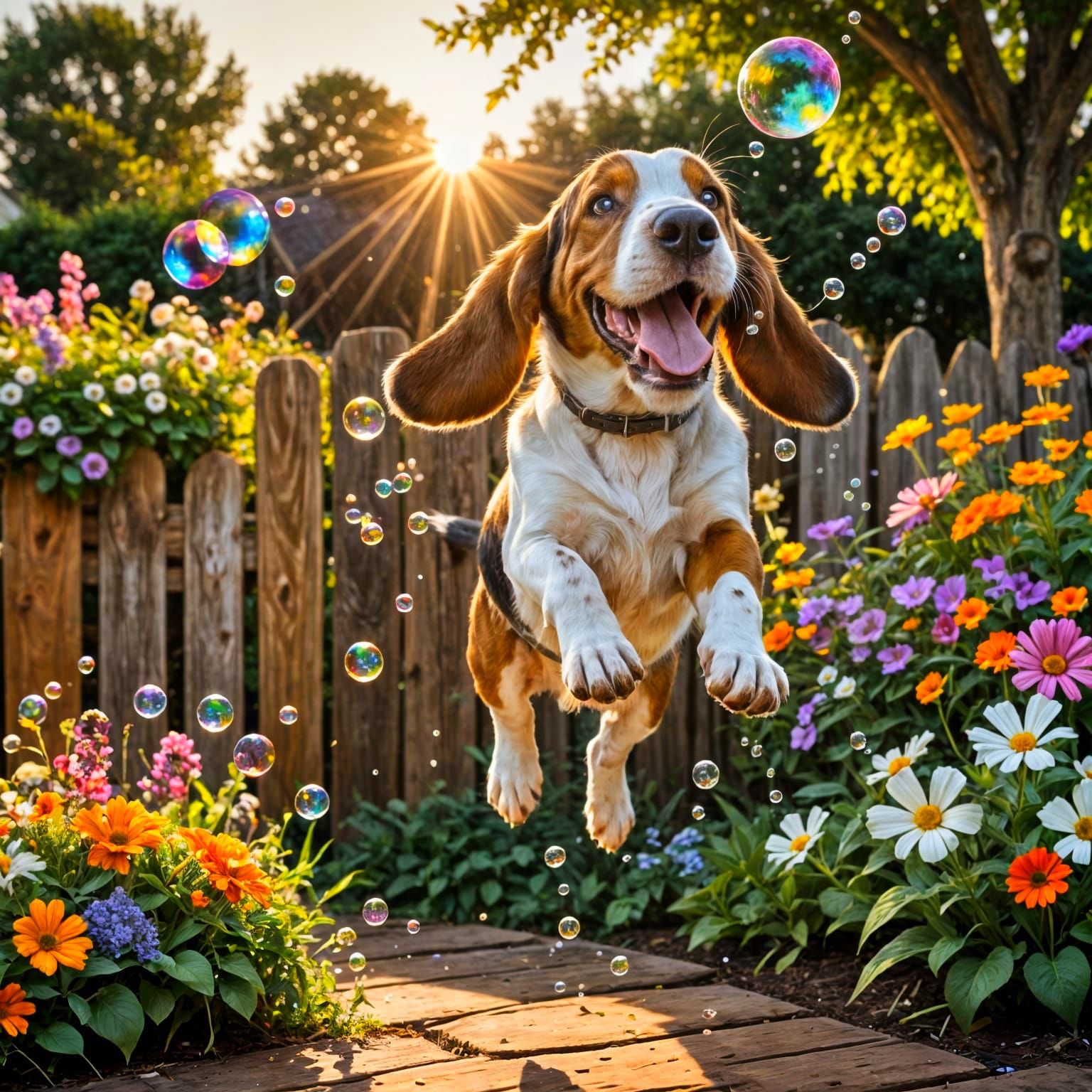 Happy Basset Hound Leaping for Bubbles at Sunset