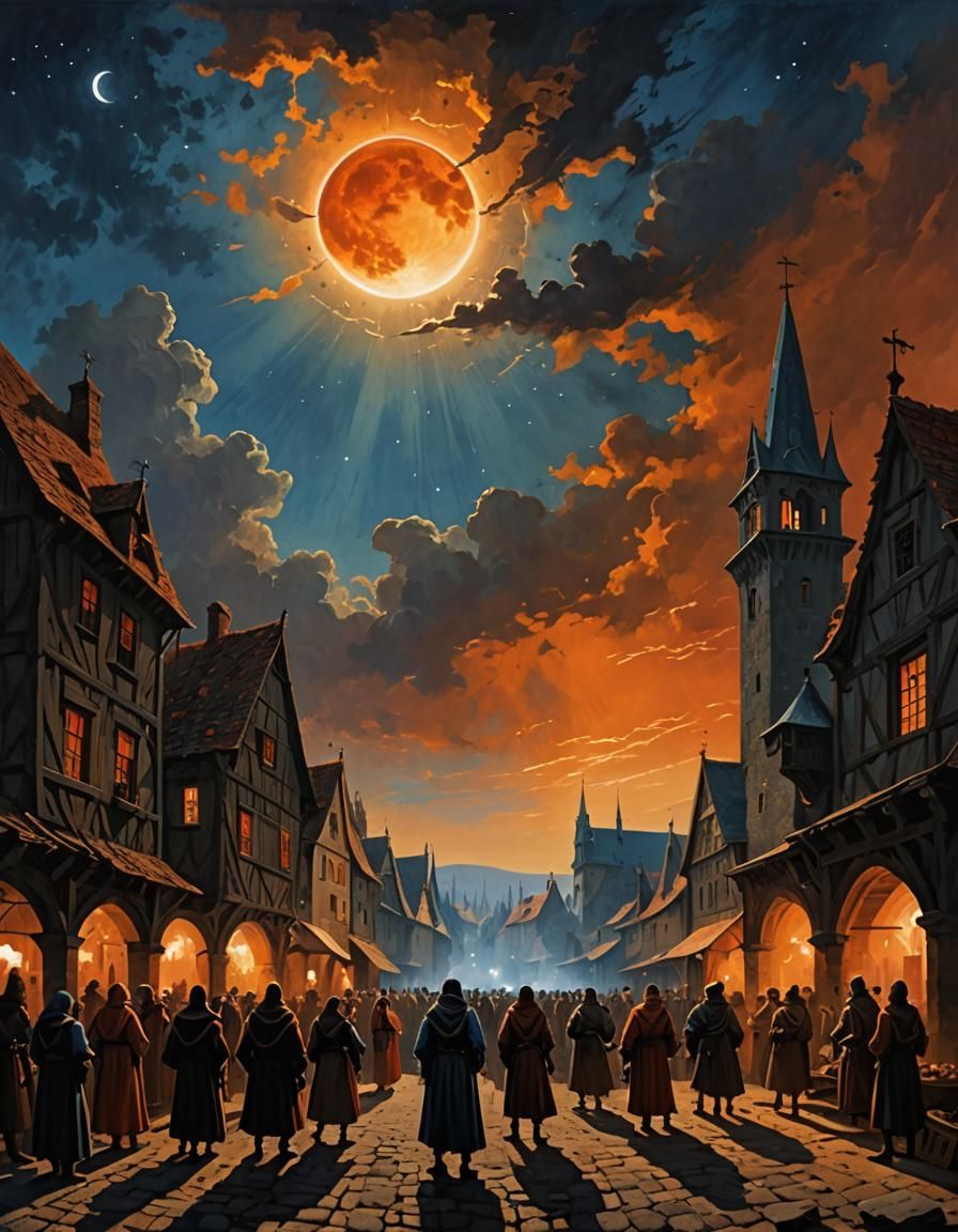 Solar eclipse over a medieval village