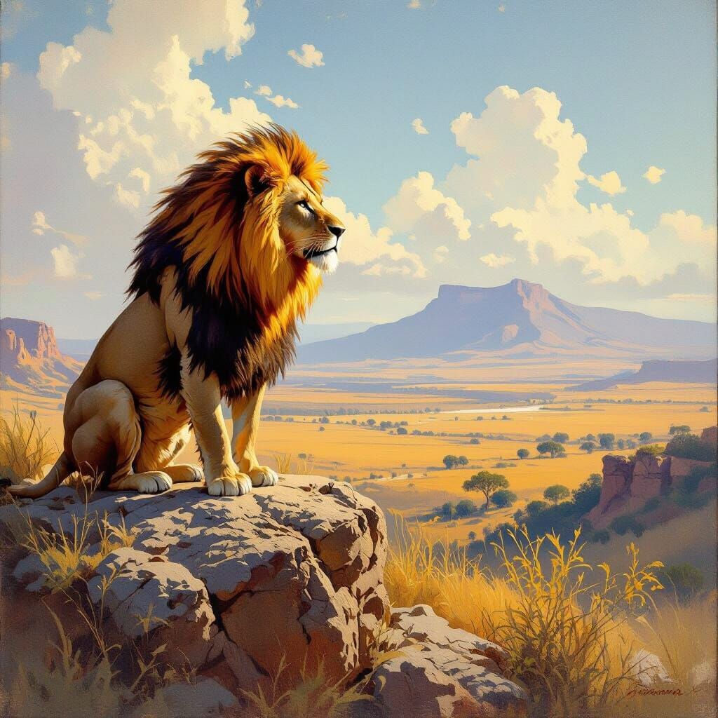 Flaming Lion Overlooking Savannah in Oil Painting Style