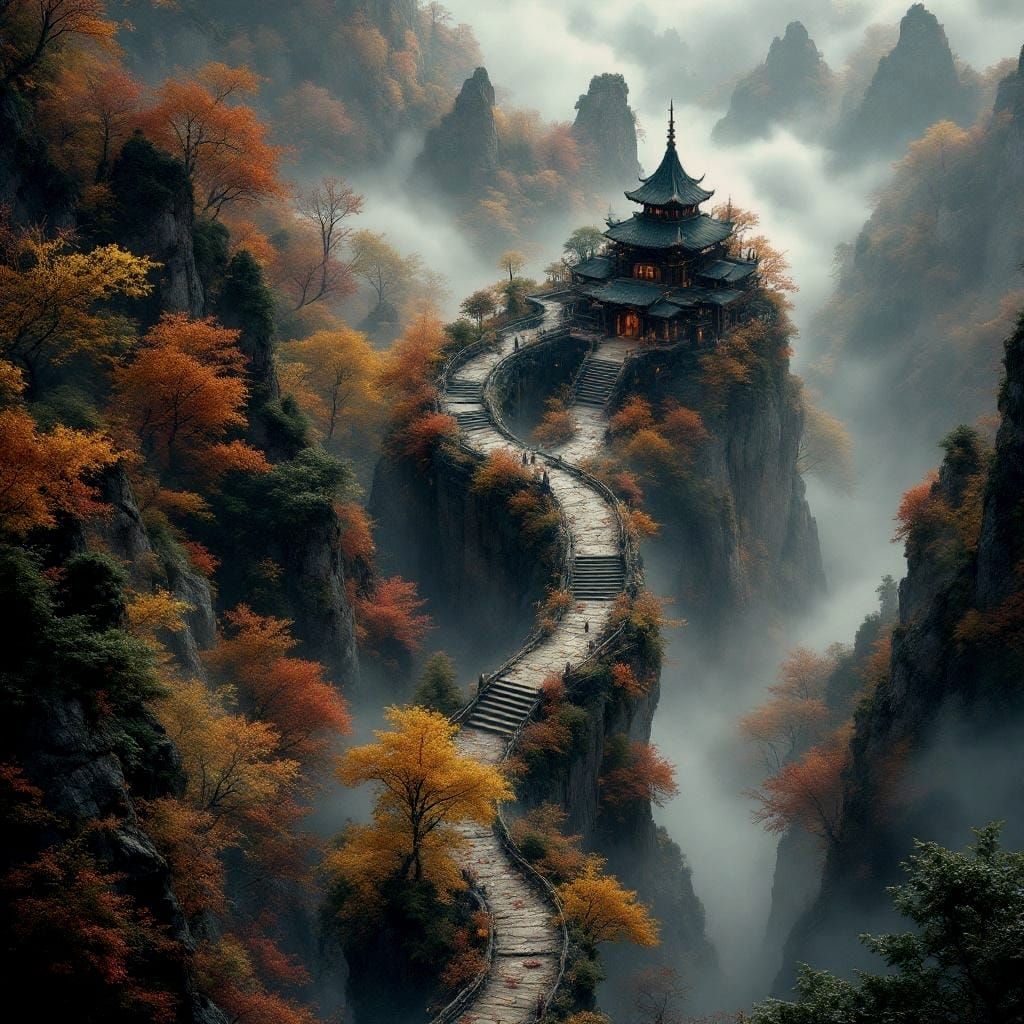 Ethereal Autumn Mountain Path to Hidden Temple