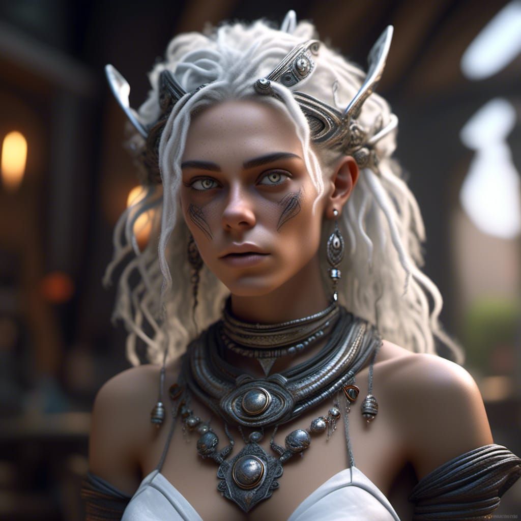 Gray-Skinned Alien Warrior in Hyperreal 3D Anime Style