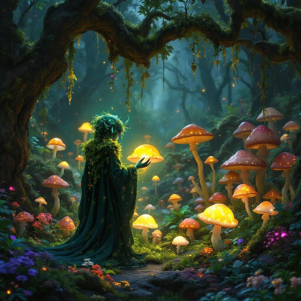 Bioluminescent Leshy Tending Glowing Mushroom Garden