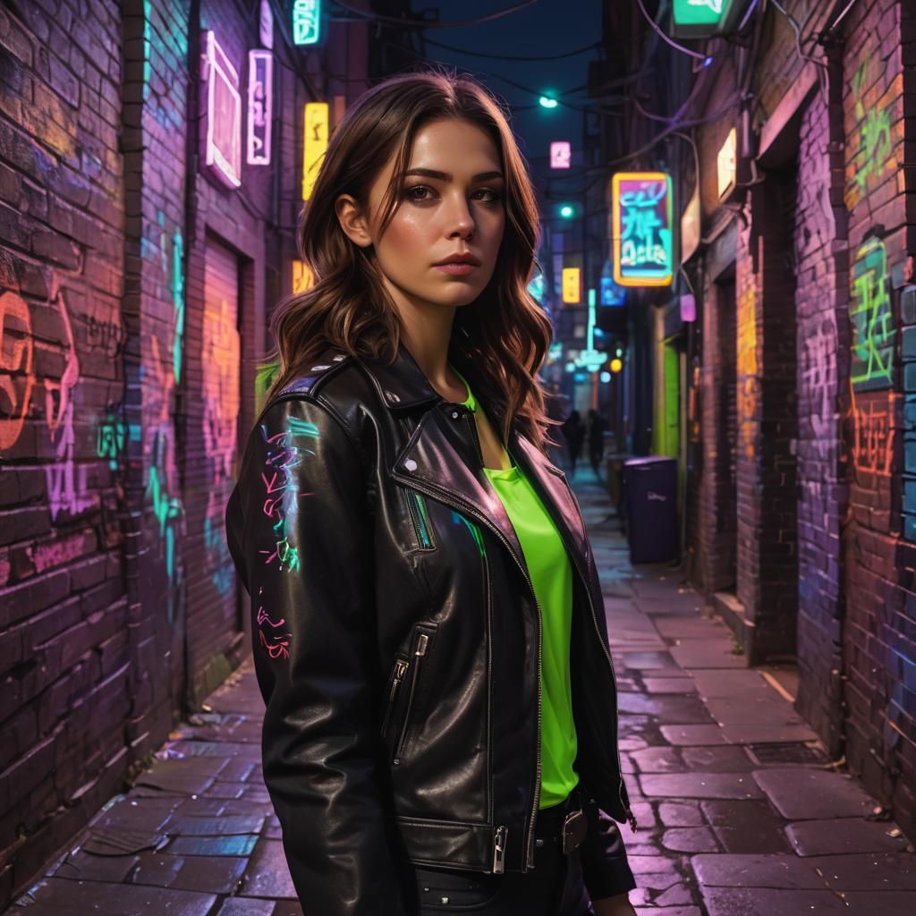 Neon Alley Portrait of Western Girl in Digital Art