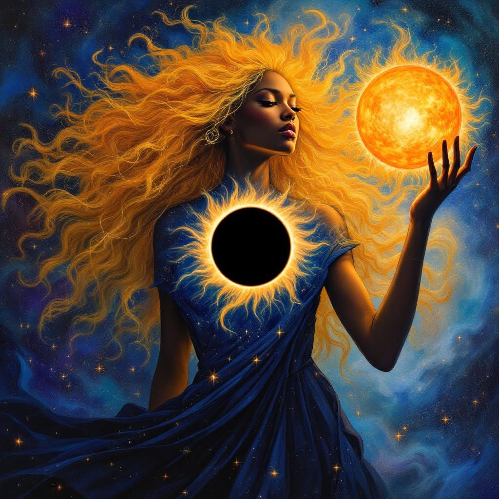 Goddess of Sun and Moon Eclipse in Surrealist Style