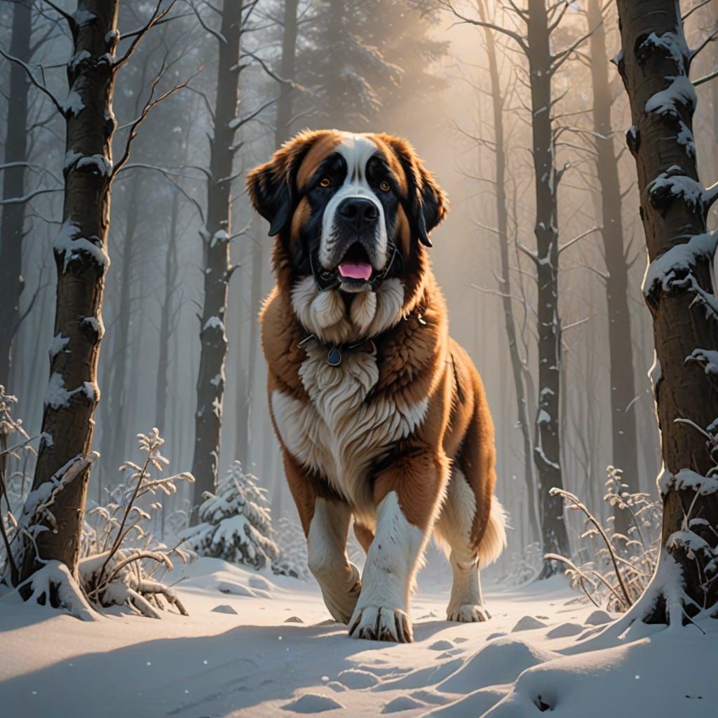 Majestic St. Bernard in Snowy Woodscape