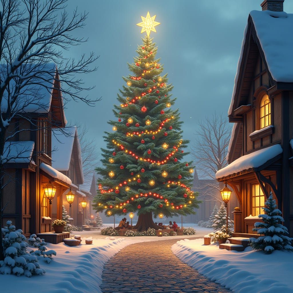 Majestic Christmas Tree Illuminates Quaint Village Festiviti...
