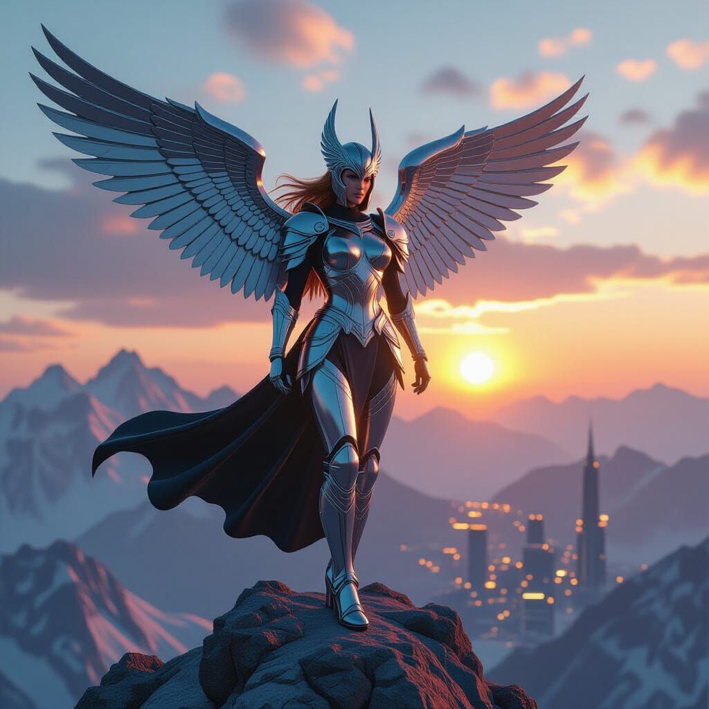 Chrome Valkyrie Statue Overlooking Futuristic City