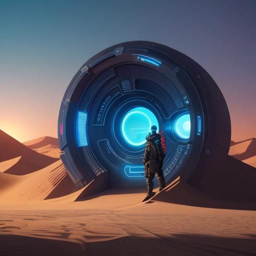 Nomad Walks to Portal in Neon Desert Landscape