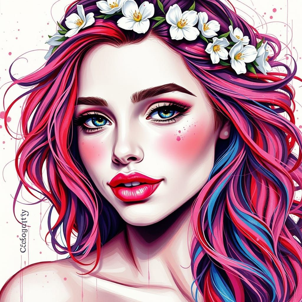 Hyperrealist Goddess in Vibrant Floral Crown