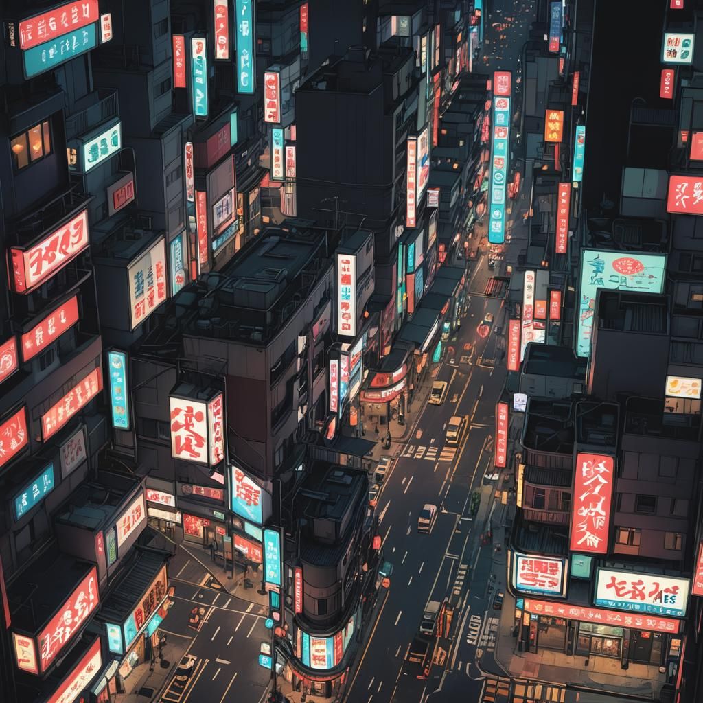 Neon Cityscape at Night in Anime Style