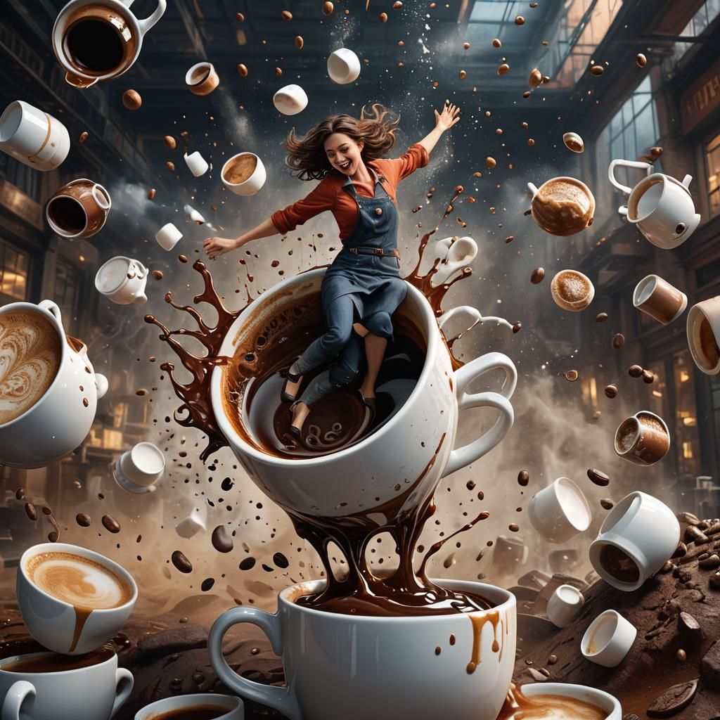 Woman Falling into Giant Coffee Cup, Detailed Matte Painting