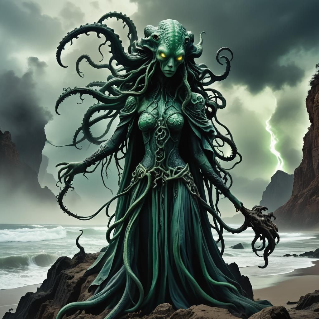 Cthulhu Woman at Dystopian Cliff in Surreal Style