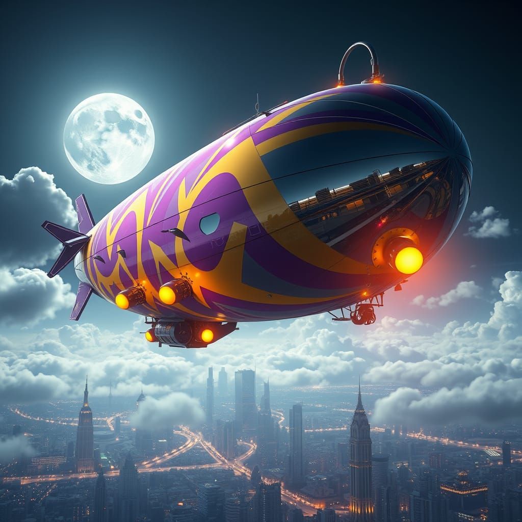 A massive futuristic flying minion with a mirrored hull covered in ,  purple and yellow Geometric vector Stripes, soars ...