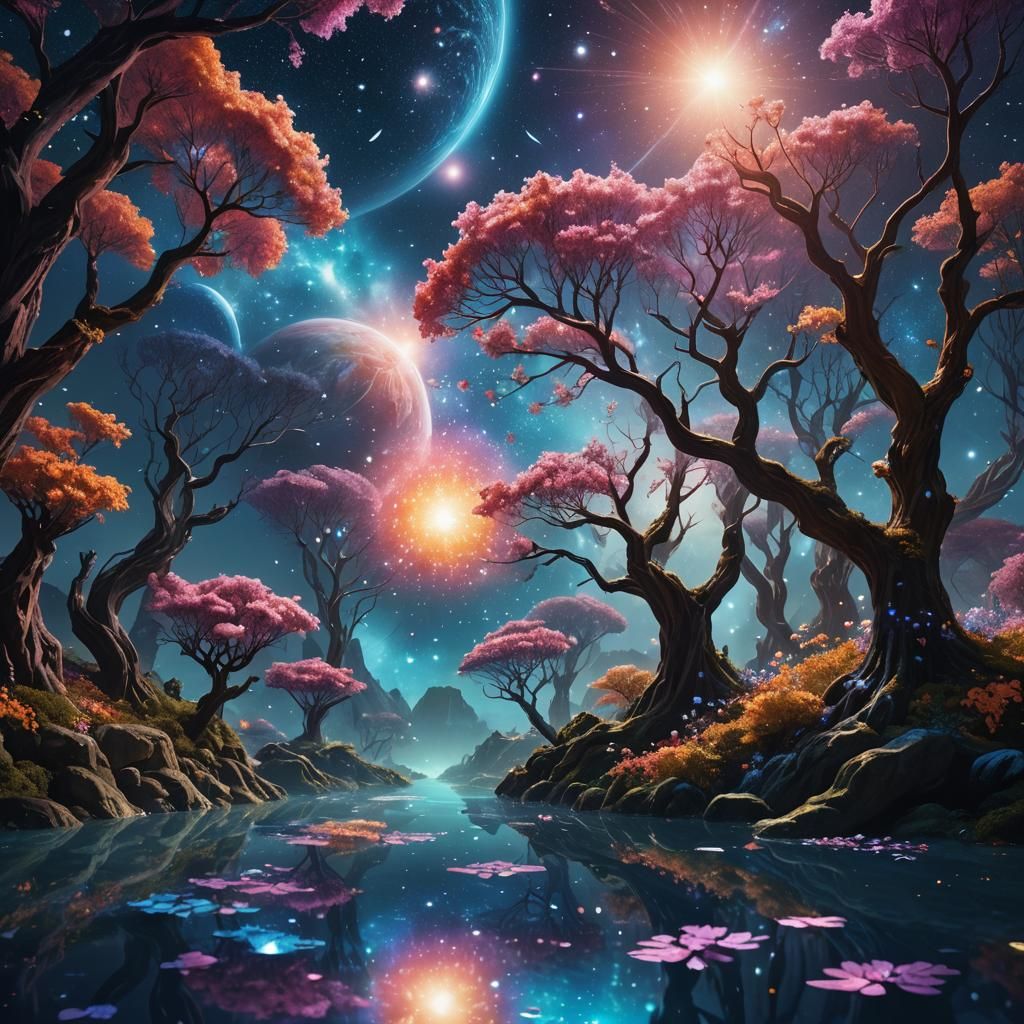 Ethereal Garden in Space: Dreamlike Matte Painting