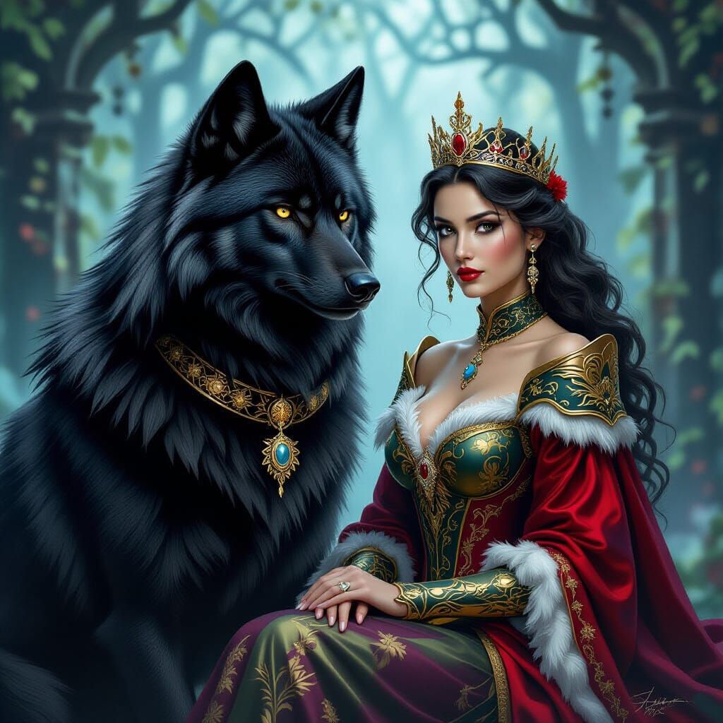 Muscular Black Wolf Guards Queen in Mystical Fantasy Realm