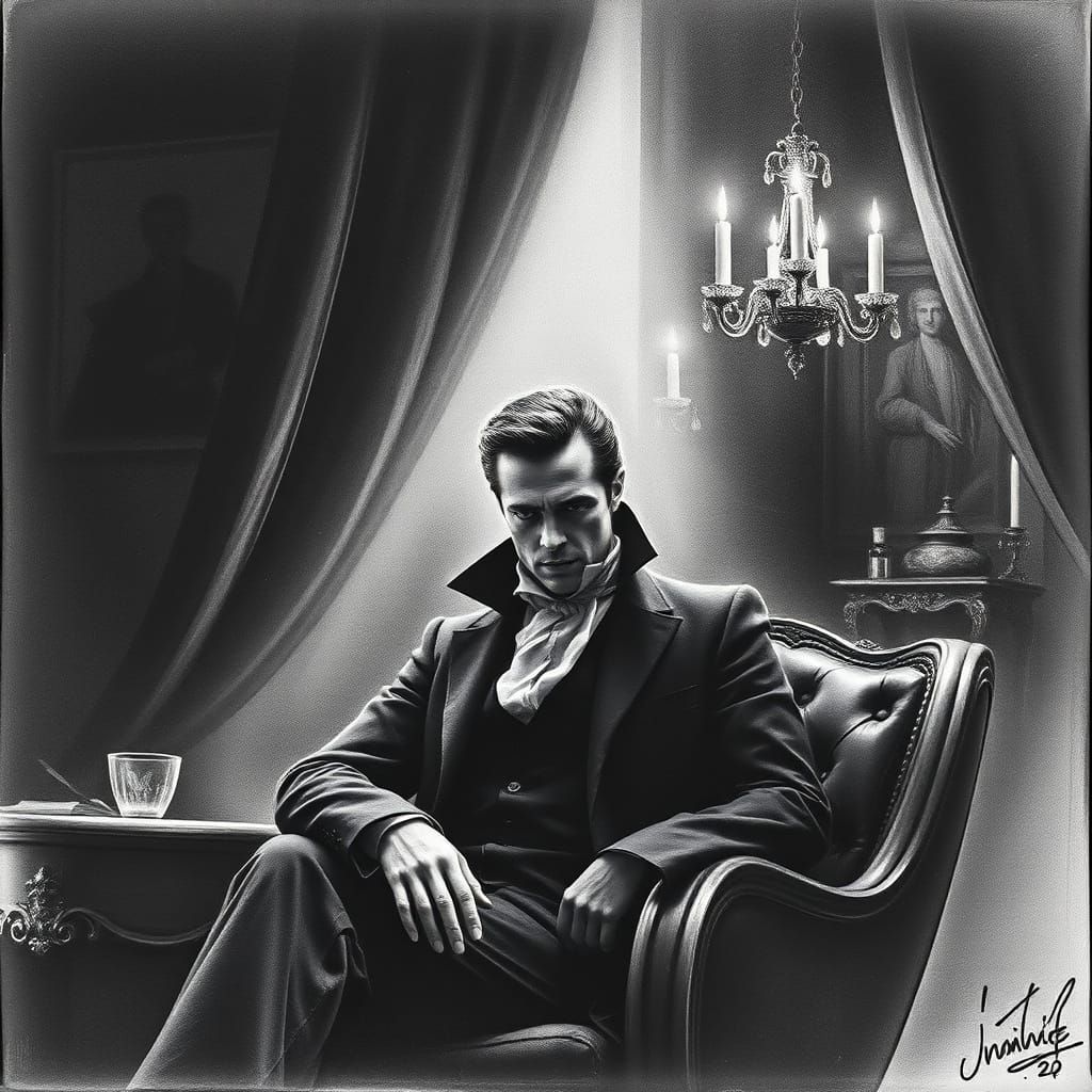 Melancholic Vampire in Gothic Parisian Salon Charcoal Drawin...