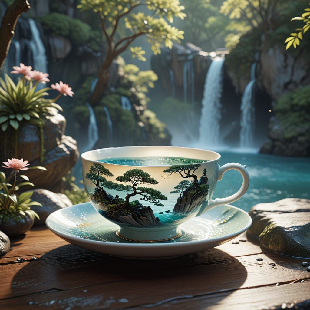 Ethereal Japanese Teacup Landscape in Porcelain