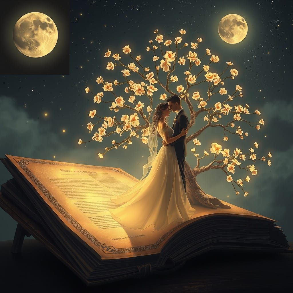 A Dreamlike Couple's Embrace in a Golden Glow of Whispers