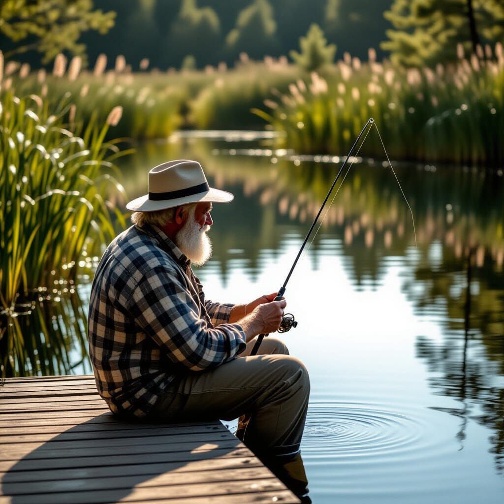 Old Man Fishing on Calm Pond in Cinematic Style