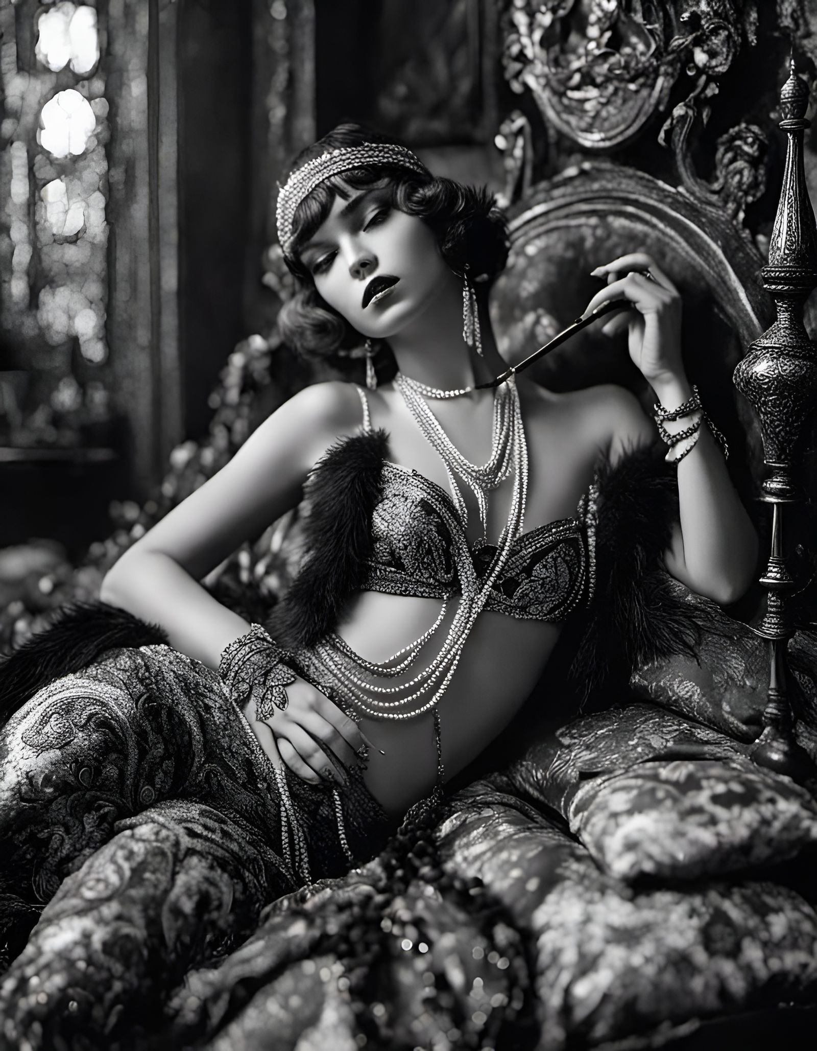 Flapper Lounging in Opium Den: Sharp BW Photograph