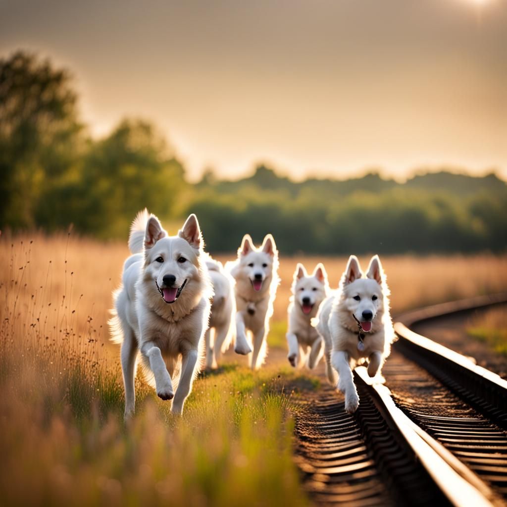 Shepherd Dogs in Field with Train, Professional Photography