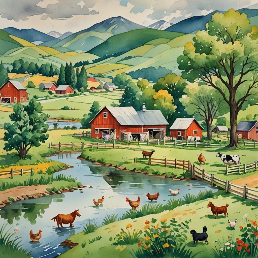 Idyllic Farm at Noon in Gouache Style