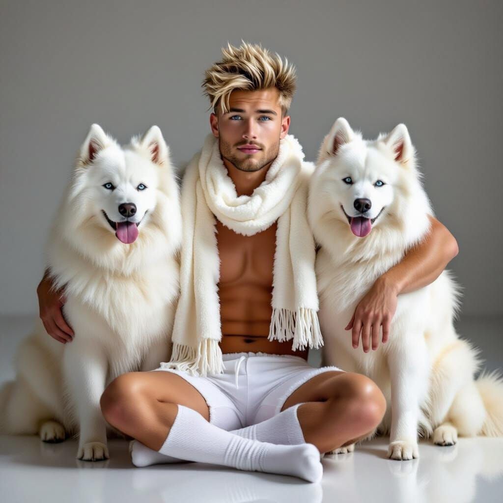 Blond Man with Samoyed Dogs on White Floor