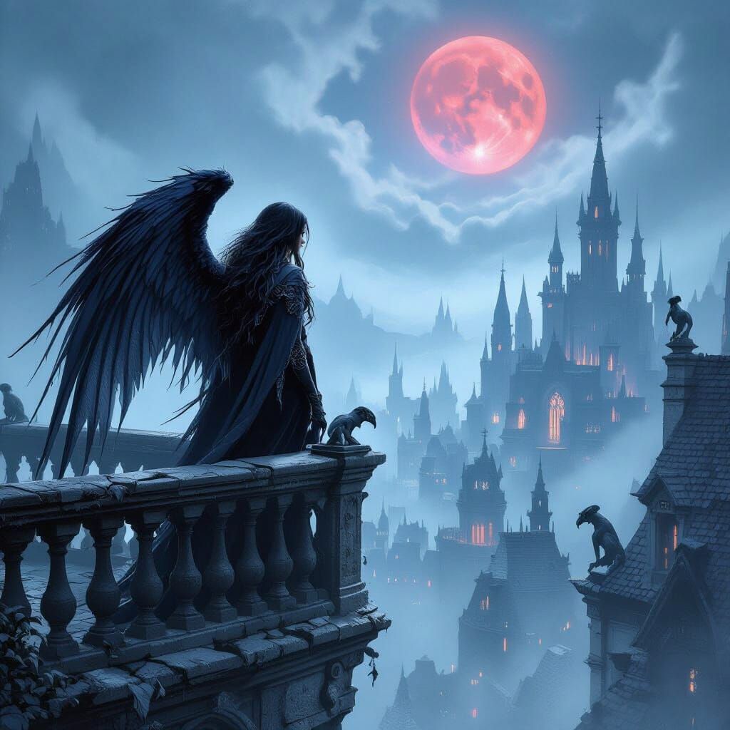 Gothic Fallen Angel Overlooking Moonlit City