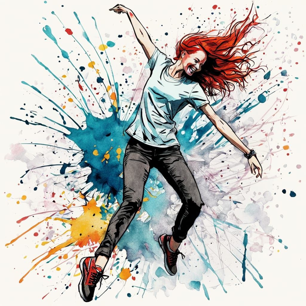 Red-Haired Girl Dancing: Colored Ink Expressionism