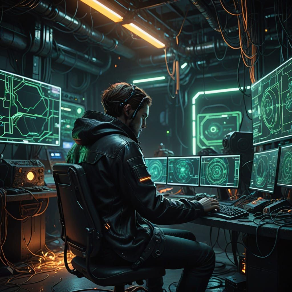 Cyberpunk Hacker in a Gritty Dystopian Lair