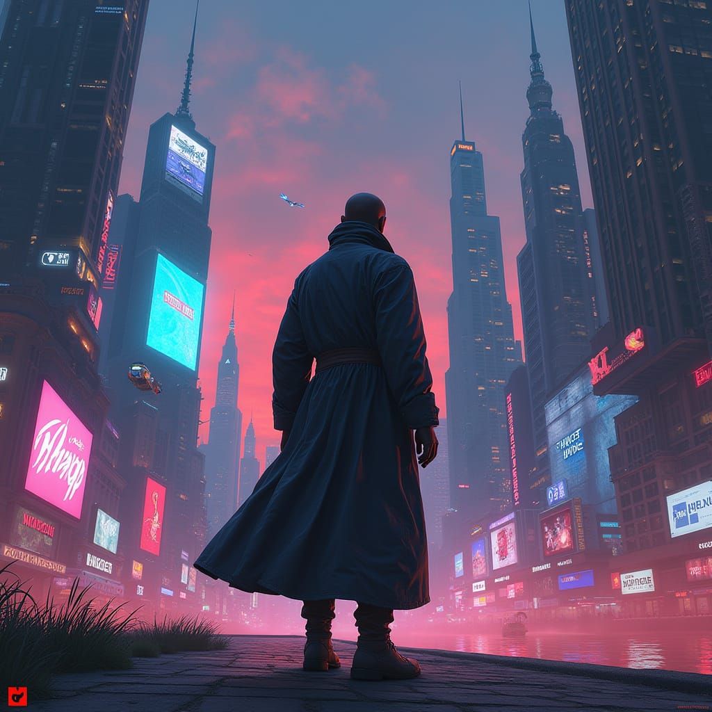 Cyberpunk Cityscape at Dusk with Flying Vehicles