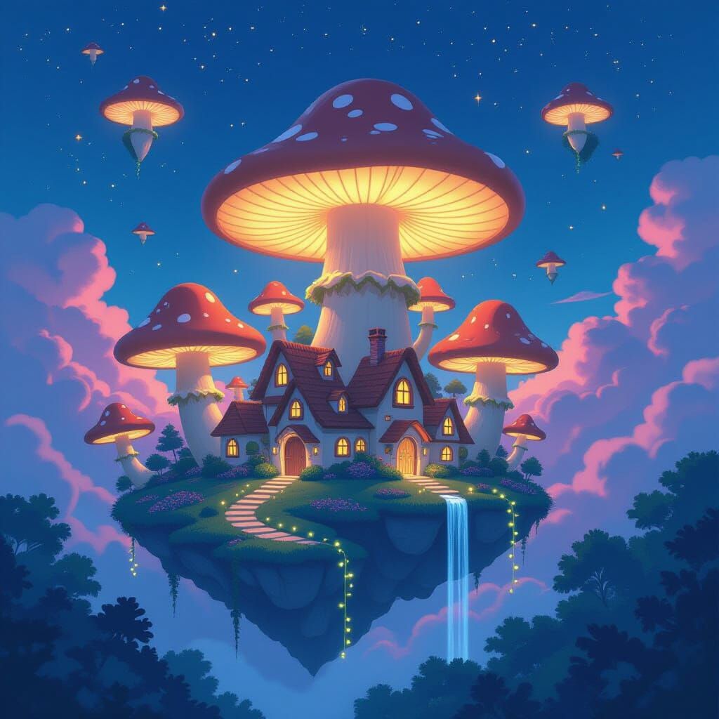 Whimsical Mushroom Village Floating in Twilight Sky