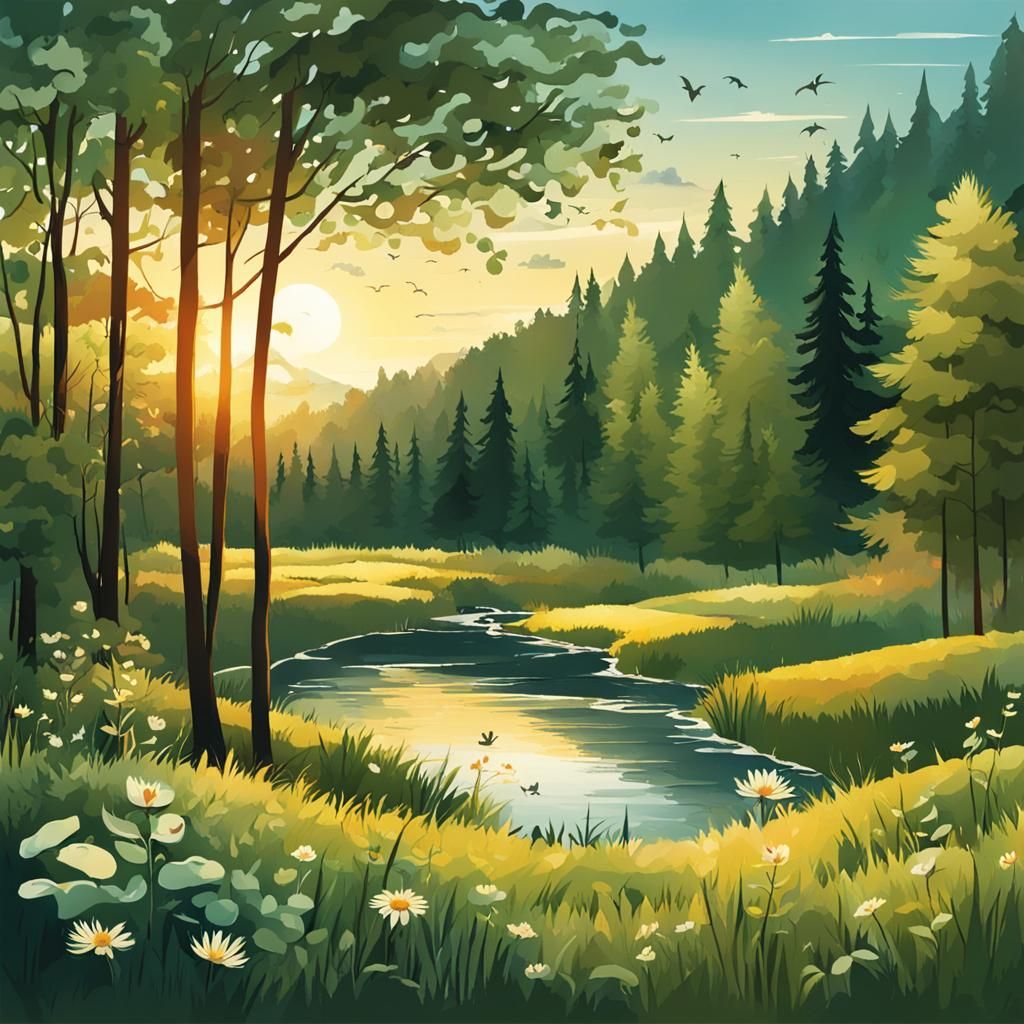 Balmy Summer Evening Nature Illustration