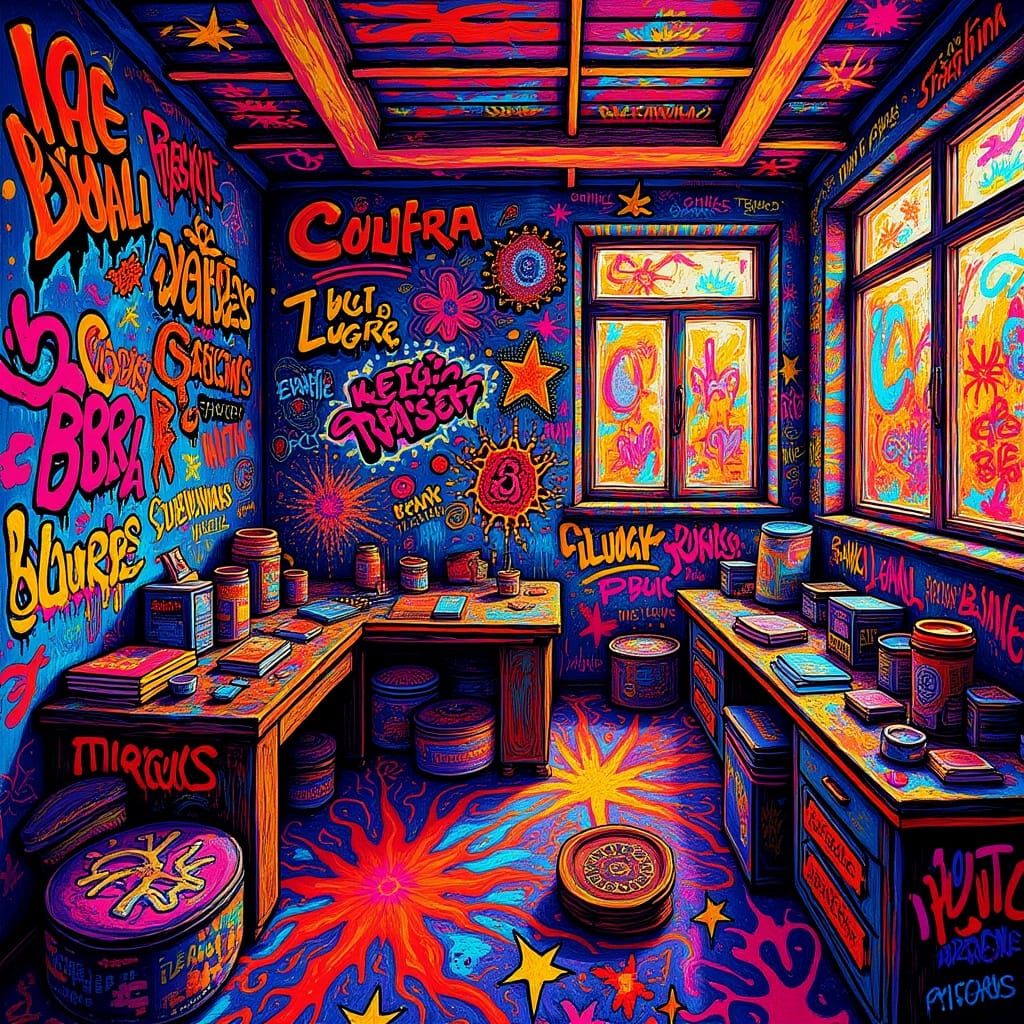 Vibrant Chaotic Workspace with Street Art and Splash Art