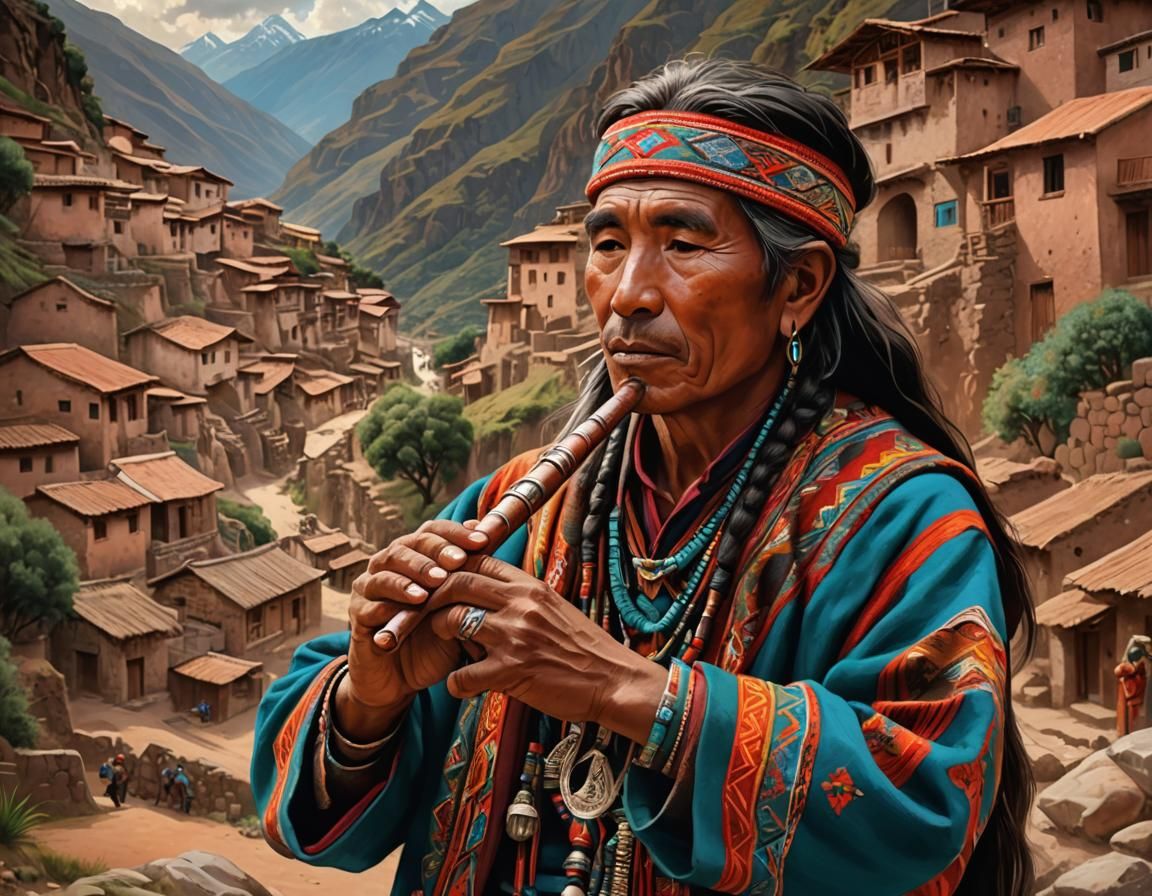Andean Musician in Mountain Village Illustration