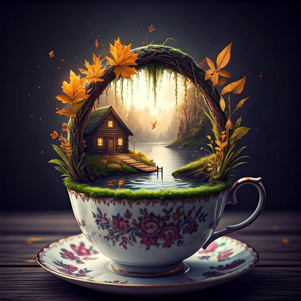 Miniature Autumn Scene in Antique Teacup