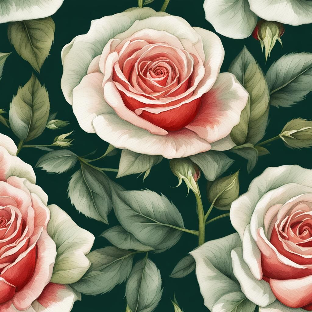Watercolor Botanical Illustration of Red and White Rose